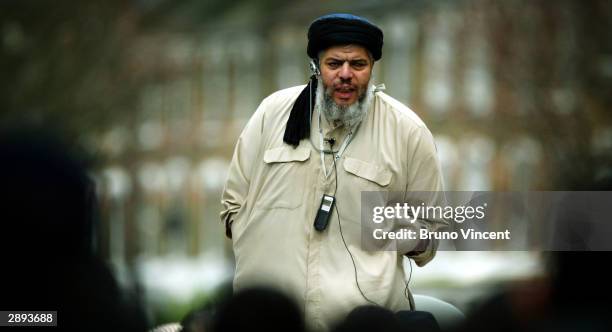 Self styled Muslim cleric Abu Hamza Al-Masri leads prayers out side Finsbury Park Mosque on January 23, 2004 in London. This week marks the first...