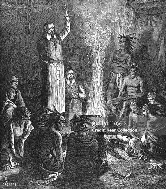 Illustration of Jesuit religious missionaries preaching to American Indian tribal members around a campfire, drawing by Wm. L. Shepard, circa 1650.