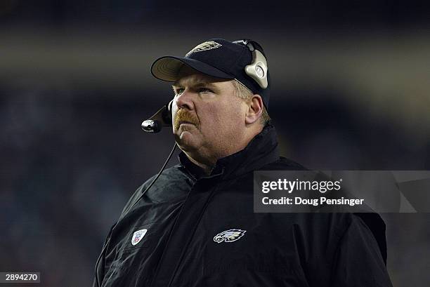 Head coach Andy Reid of the Philadelphia Eagles on the sideline during the game against the Green Bay Packers in the NFC divisional playoffs on...