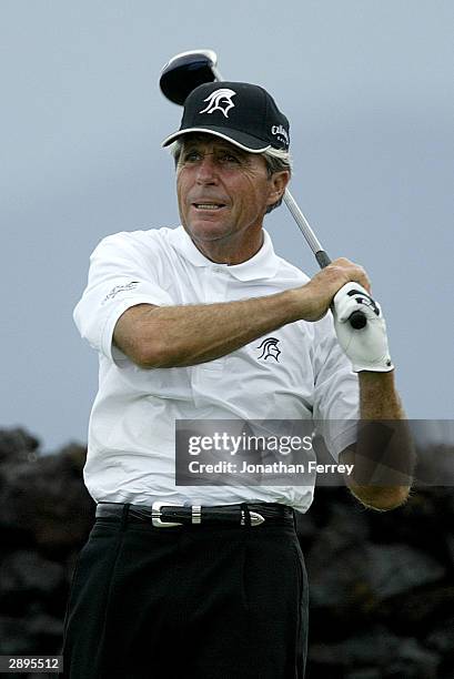 Gary Player tees off on the 9th hole during the first round of the Champions Tour Mastercard Championship on January 23, 2004 at the Hualalai Golf...