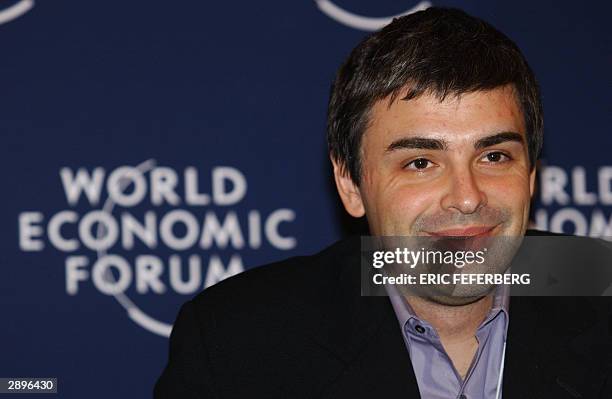 Google Co-Founder and President Larry Page smiles during the "An Open Source Model for Creating Value" conference, 24 January 2004 at the World...