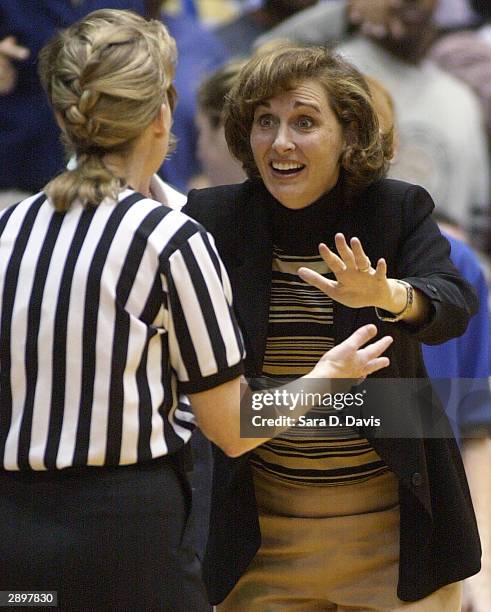 Duke's head coach Gail Goestenkors panics about an official's call in the second half in Cameron Indoor Stadium January 24, 2004 in Durham, North...