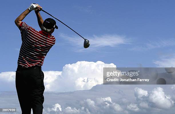 Don Pooley tees off on the 10th hole during the second round of the Champions Tour Mastercard Championship on January 24, 2004 at the Hualalai Golf...