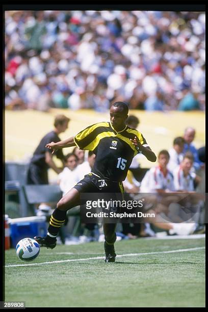 Doctor Khumalo of the Columbus Crew runs down the field with the ball during a game against the Los Angeles Galaxy at the Rose Bowl in Pasadena,...