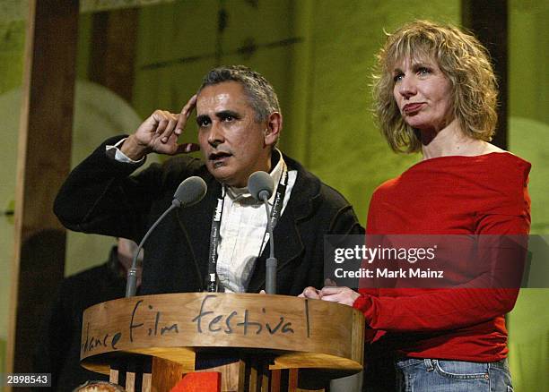 Farmingville directors/producers Carlos Sandoval and Catherine Tambini recieves the Special Jury Prize during the 2004 Sundance Film Festival Awards...