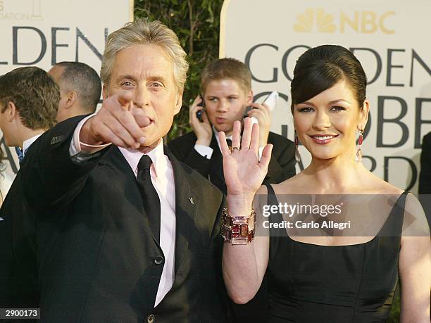 Actor Michael Douglas and Actress Catherine Zeta-Jones attend the 61st Annual Golden Globe Awards at the Beverly Hilton Hotel on January 25, 2004 in...