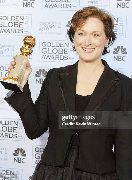 Actress Meryl Streep poses backstage at the 61st Annual Golden Globe Awards at the Beverly Hilton Hotel on January 25, 2004 in Beverly Hills,...