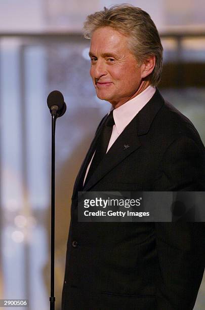 Actor Michael Douglas on stage at the 61st Annual Golden Globe Awards on January 25, 2004 at the Beverly Hilton Hotel, in Beverly Hills, California.