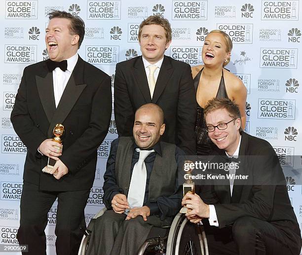 Winners of Best Television Series "The Office" Actors Ricky Gervais, Stephen Merchant, Ash Atalla, Lucy Davis, and Martin Freeman pose backstage at...