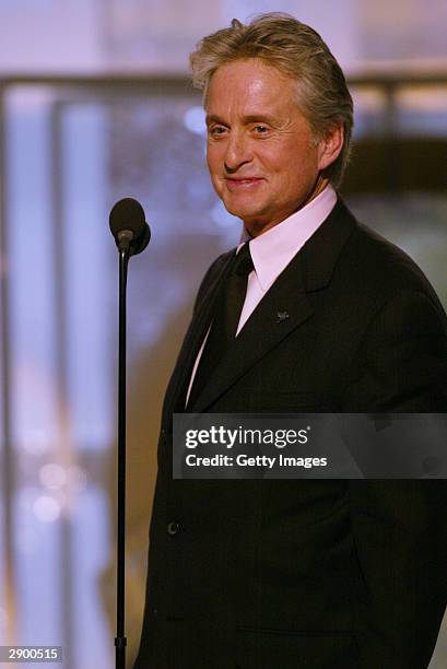 Actor Michael Douglas on stage at the 61st Annual Golden Globe Awards at the Beverly Hilton Hotel on January 25, 2004 in Beverly Hills, California.