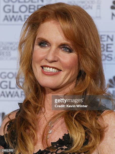 The Dutchess of York Sarah Ferguson poses backstage at the 61st Annual Golden Globe Awards at the Beverly Hilton Hotel on January 25, 2004 in Beverly...