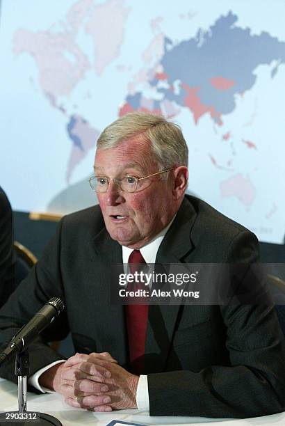 Member of the Seattle Initiative for Global Development, former chairman of the joint chiefs of staff John Shalikashvili, speaks during a media...