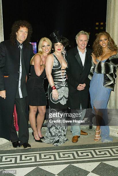 Musician and singers Brian May, Britney Spears, Pink, Roger Taylor and Beyonce Knowles arrive at the 'blue carpet' launch of Pepsi's new TV commecial...