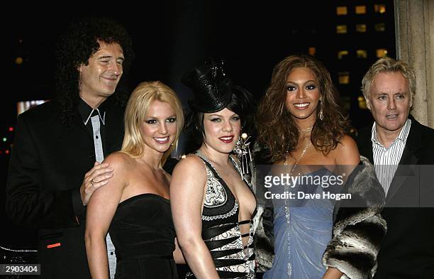 Musician and singers Brian May, Britney Spears, Pink, Roger Taylor and Beyonce Knowles arrive at the 'blue carpet' launch of Pepsi's new TV commecial...