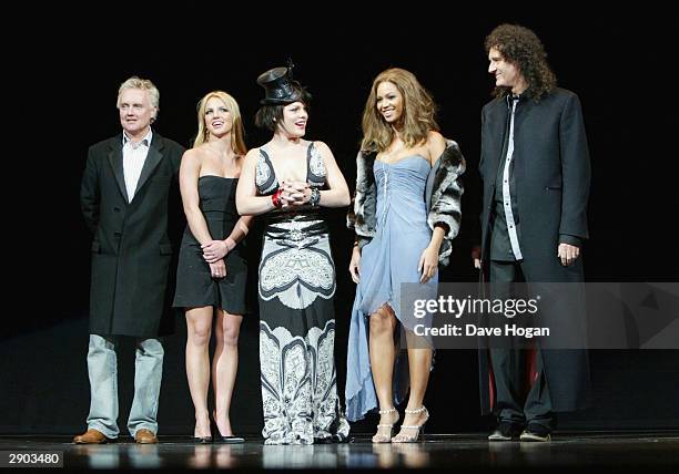 Singers and musician's L to R Roger Taylor, Britney Spears, Pink, Beyonce Knowles and Brian May walks on stage for the launch of Pepsi's new TV...