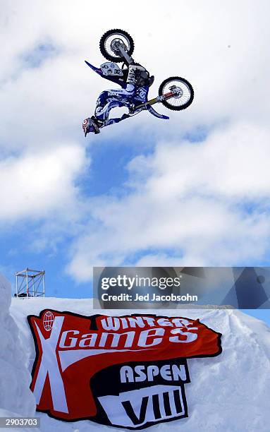 Nate Adams of the USA competes in the Moto X Best Trick portion of the VIII Winter X Games on January 26, 2004 at the Buttermilk resort in Aspen,...