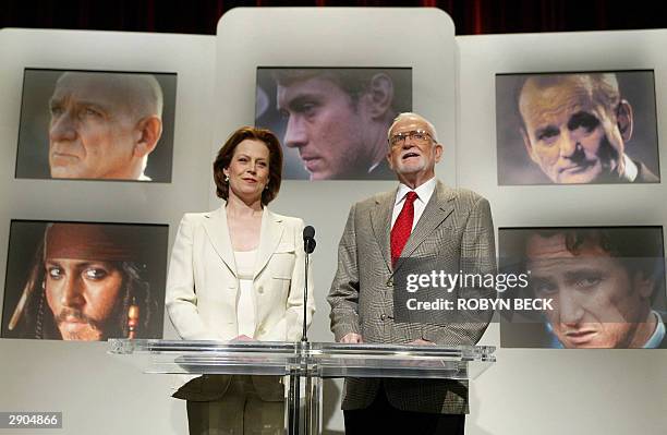 Actress Sigourney Weaver and Academy of Motion Picture Arts and Sciences President Frank Pierson announce the nominations in the Best Actor category...