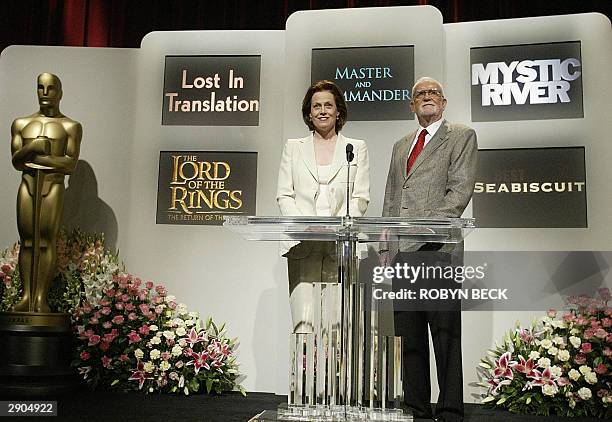 Actress Sigourney Weaver and Academy of Motion Picture Arts and Sciences President Frank Pierson announce the nominations in the Best Motion Picture...