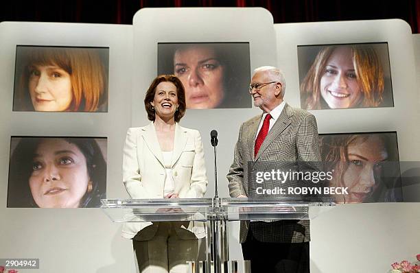 Actress Sigourney Weaver and Academy of Motion Picture Arts and Sciences President Frank Pierson announce the nominations in the Best Supporting...