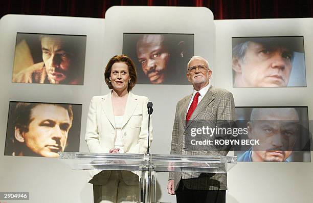 Actress Sigourney Weaver and Academy of Motion Picture Arts and Sciences President Frank Pierson announce the nominations in the Best Supporting...