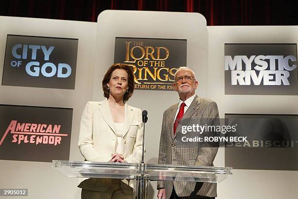Actress Sigourney Weaver and Academy of Motion Picture Arts and Sciences President Frank Pierson announce the nominations in the Best Adapted...