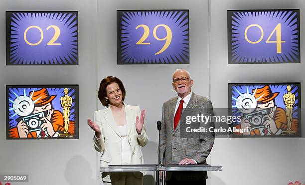 Actress Sigourney Weaver and President of Academy of Motion Picture Arts and Sciences Frank Pierson are seen at the end of the announcement ceremony...