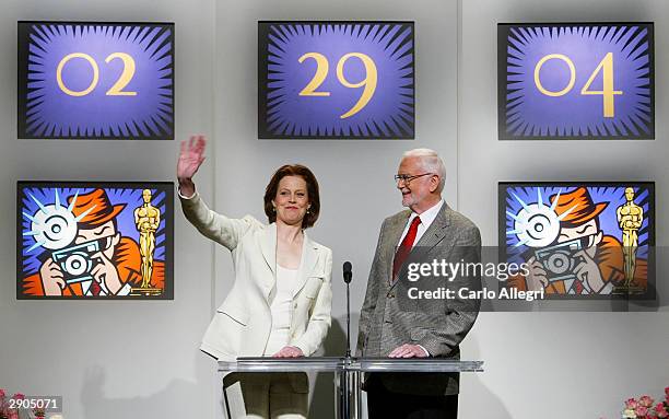Actress Sigourney Weaver and President of Academy of Motion Picture Arts and Sciences Frank Pierson are seen at the end of the announcement ceremony...