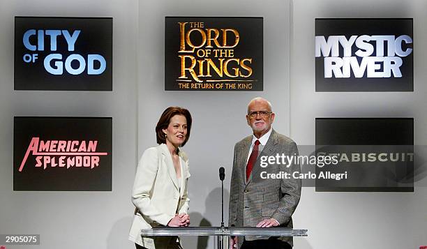 Actress Sigourney Weaver and Frank Pierson, President of the Acadamy of Motion Picture Arts and Sciences read the list of nominees for Best Motion...