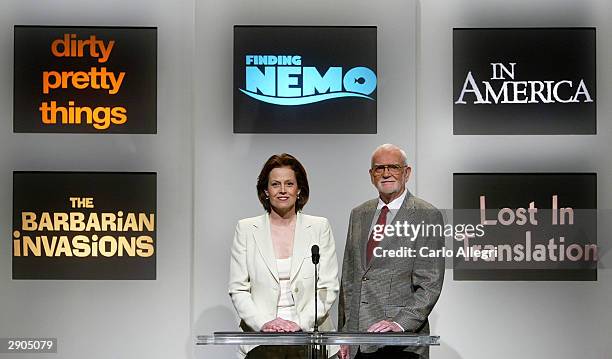 Actress Sigourney Weaver and Frank Pierson, President of the Acadamy of Motion Picture Arts and Sciences read the list of nominees for Best Original...