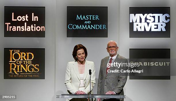 Actress Sigourney Weaver and Frank Pierson, President of the Acadamy of Motion Picture Arts and Sciences read out the nominees for the Best Motion...