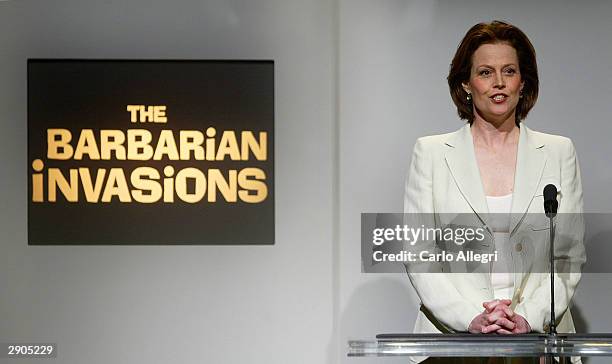Actress Sigourney Weaver reads the list of nominees for Best Foreign Language Film of the Year at the announcement ceremony for the 76th Academy...