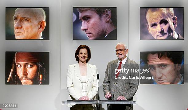 Actress Sigourney Weaver and Frank Pierson, President of the Acadamy of Motion Picture Arts and Sciences read the list of nominees for Best...