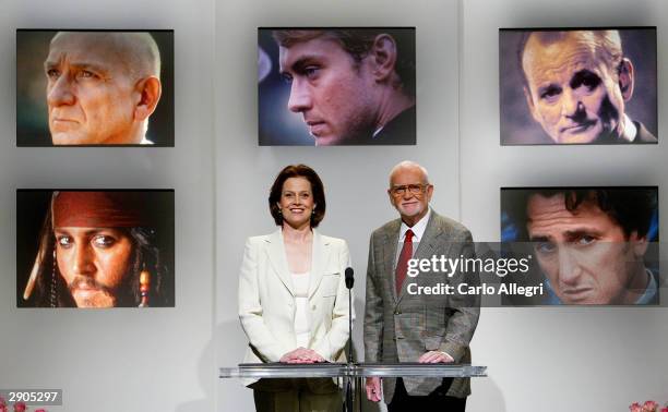 Actress Sigourney Weaver and Frank Pierson, President of the Acadamy of Motion Picture Arts and Sciences read the list of nominees for Best...