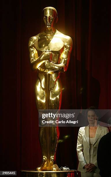 Actress Sigourney Weaver stands onstage as she prepares to present nominees at the announcement ceremony for the 76th Academy Awards Nominations...