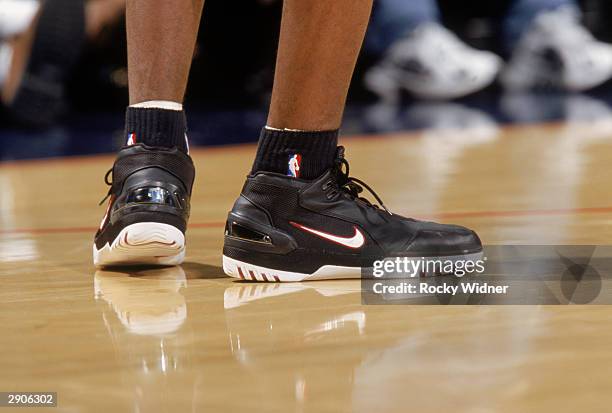 Detailed view of the shoes of LeBron James of the Cleveland Cavaliers during the game against the Golden State Warriors on January 15, 2004 at the...