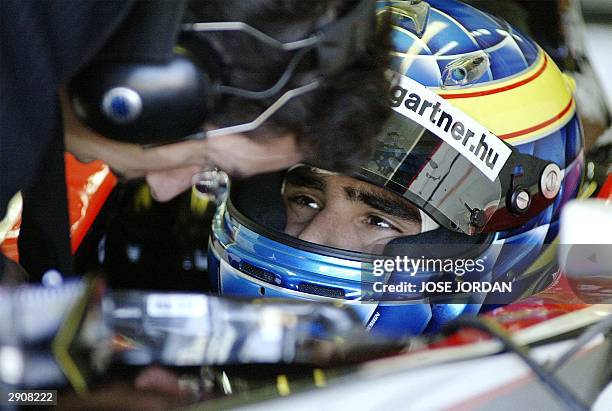 Hungarian Minardi F1 driver Szolt Baumgartner talks to a technician during a practice session at the Ricardo Tormo circuit, in Cheste near Valencia,...