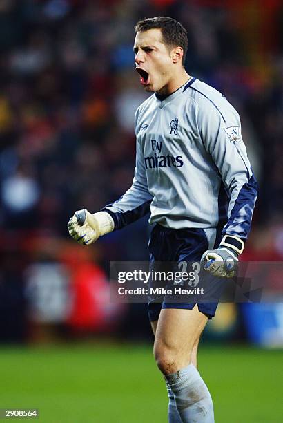 Carlo Cudicini of Chelsea celebrates during the FA Barclaycard Premiership match between Charlton Athletic and Chelsea on December 26, 2003 at The...