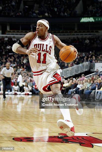 Jerome Williams of the Chicago Bulls drives to the hoop during the game against the Portland Trail Blazers at the United Center on January 9, 2004 in...