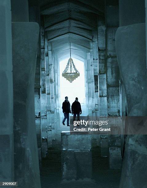 General view inside the Ice Hotel January, 2002 in Jukkasjarvi, Sweden. The 30 000 square foot hotel is constructed anew every year on the banks of...