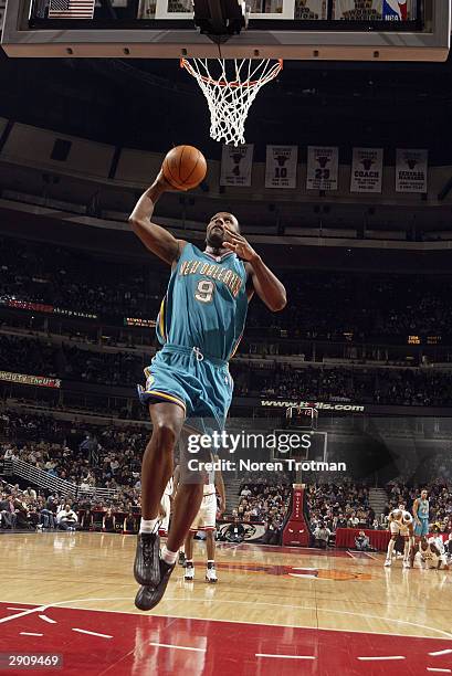 George Lynch of the New Orleans Hornets goes up for a dunk during the game against the Chicago Bulls at the United Center on January 10, 2004 in...