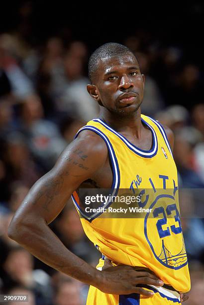 Jason Richardson of the Golden State Warriors looks on during the NBA game against the Utah Jazz at The Arena in Oakland on January 19, 2003 in...