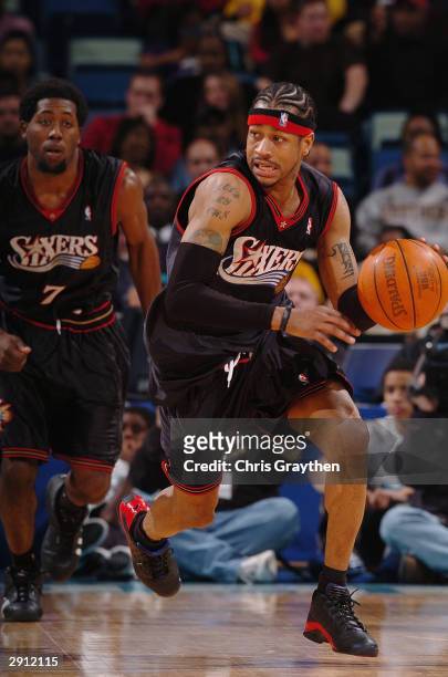 Allen Iverson of the Philadelphia 76ers moves the ball up court during the game against the New Orleans Hornets at the New Orleans Arena on January...