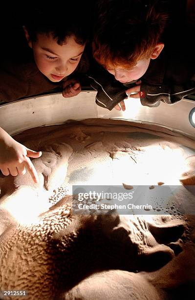 Ben Greenberg and Adam Freindlich students at Smith Elementary School in Tenafly, New Jersey watch as sand dunes they sculpted erode and change...