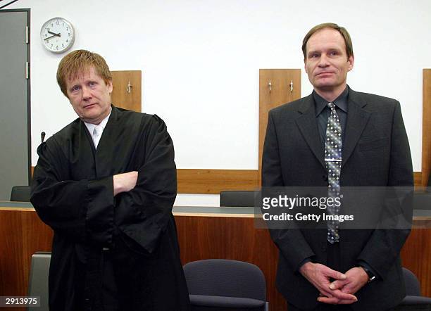 Armin Meiwes , a 42-year-old computer technician and self-confessed cannibal and his lawyer Harald Ermel are seen in court on the last day of his...