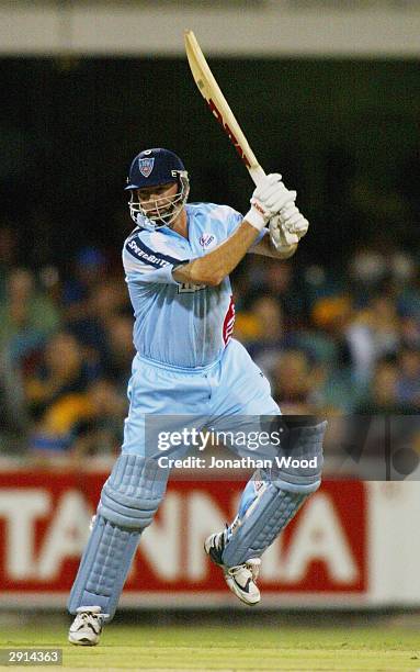 Steve Waugh of the Blues hits out during the ING Cup match between the Queensland Bulls and the New South Wales Blues played at the Gabba January 30,...