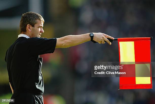 The referee's assistant flags for offside during the FA Cup Fourth Round match between Wolverhampton Wanderers and West Ham United on January 25,...