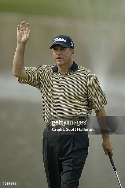 Jay Haas waves to the gallery during the fourth round of the Bob Hope Chrysler Classic at PGA West on January 24, 2004 in La Quinta, California.