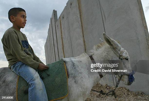 Palestinian boy rides his donkey past Israel's separation wall at dusk January 30, 2004 which cuts between his West Bank Palestinian village of...