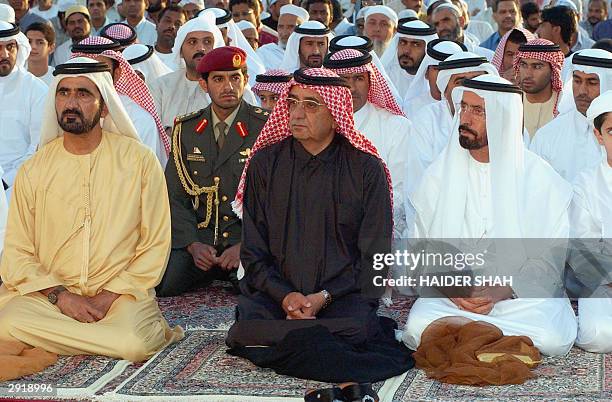 Sheikh Maktoum Bin Rashid al-Maktoum , Ruler of Dubai and Prime Minister of UAE, sits with General Sheikh Mohammed Bin Rashid al-Maktoum , Crown...