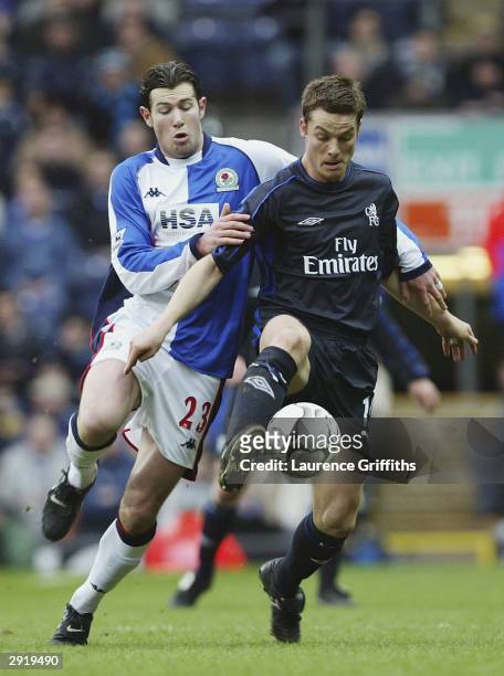 Brett Emerton of Blackburn clashes with Scott Parker of Chelsea during the FA Barclaycard Premiership match between Blackburn Rovers and Chelsea at...